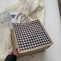 Borsa tote in lino a quadri pied-de-poule con manici in corda di cotone stile vintage - Stile con cerniera / Marrone