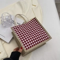 Borsa tote in lino con motivo pied-de-poule rosso e manici in iuta naturale - Stile con cerniera / Rosso