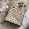 Linen tote bag with herringbone pattern and cream rope handles for daily use - Khaki Plaid (Without Scarf)
