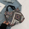 Ethnic style woven canvas tote bag featuring vibrant geometric patterns and black handles - Black Small