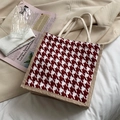 Red and white houndstooth linen tote bag with cream rope handles and chic vintage style - Red Plaid (Without Scarf)