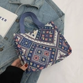 Ethnic knit tote bag featuring blue, red, and yellow geometric woven patterns - Blue Small