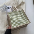 Borsa tote in lino con motivo pied de poule verde e manico in corda di cotone - Stile con cerniera / Verde
