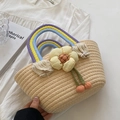 Handmade straw bag with rainbow handles, floral accents and cherry charms for women - Light Khaki