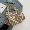 Ethnic style woven canvas tote bag with colorful geometric patterns and gold button - Yellow Small