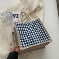 Borsa tote in lino con motivo pied de poule blu e bianco e manici in corda intrecciata - Stile con cerniera / Blu