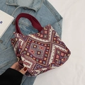 Ethnic geometric woven canvas tote bag in burgundy and blue with snap closure - Red Small