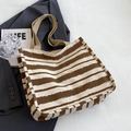 Large beige canvas tote bag with coffee brown horizontal stripes and khaki handles - Large / Brown