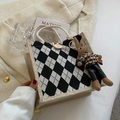 Black and white checkered linen tote bag featuring a cute rabbit doll and wooden button - Rabbit Keychain / Black