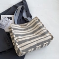 Minimalist canvas tote bag with grey horizontal stripes and wide fabric handles - Large / Gray