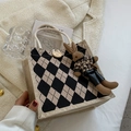 Chic linen tote bag featuring black and white diamond pattern and cute rabbit charm - Rabbit Keychain / Khaki & Black Plaid