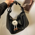Chic black litchi pattern faux leather hobo bag with wide strap and plush pendant - Black With Rabbit Pendant