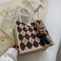 Linen tote bag with brown argyle pattern, cotton rope handles, and a cute rabbit charm - Rabbit Keychain / Brown