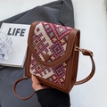 Etnische mini-crossbody telefoontas met vintage jacquard en bruin lederen frame - Rood (Geen Hanger)