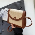 Vintage crossbodytas van bruin leer en gebroken wit gewatteerde stof met ruitpatroon - Bruin Zonder Hanger