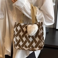 Brown and white geometric knit tote bag with a white plush heart charm and woven handles - Small Coffee With White Heart Pendant