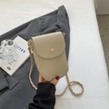 Beige lychee pattern leather mini phone crossbody bag with gold chain strap and round buckle - Light Khaki