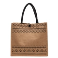 Bolso tote de yute con motivos geométricos negros y asas superiores de transporte - Estilo con Borde de Cuentas