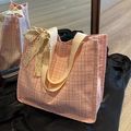 Pink tweed tote bag for women featuring a large beige lace bow and textured finish - Pink Large + Satin Scarf