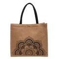 Bolso tote de lino con diseño de mandala negro y asas tejidas negras resistentes - Estilo de Flor