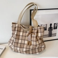 Brown plaid canvas tote bag featuring a cute rabbit charm and durable long handles - Checkered Style (JL6006) / Khaki with Rabbit Pendant