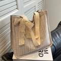 Large beige woven canvas tote bag featuring a decorative lace bow for a retro summer style - Khaki Large + Satin Scarf