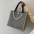 Fashionable houndstooth tote bag with pearl chain detail and textured side panels - Black With Pearl Chain