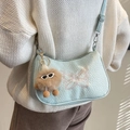 Sac hobo bleu clair avec broderie papillon rose et pendentif en peluche mignon - Vert Avec Pendentif Œil Kaki