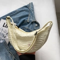 Chic beige crescent canvas bag with pleated texture and stylish black zipper closure - Yellow (Acrylic Badge Included)