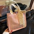 Pink and white tweed tote bag with a beige lace bow and golden metal button - Pink Small + Satin Scarf