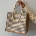 Brown houndstooth tote bag with pearl chain and thick cotton rope handles shown in use - Khaki With Pearl Chain