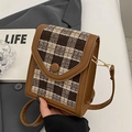 Chique bruine kleine crossbody tas met ruitjes patchwork en ronde gesp voor dagelijks gebruik - Bruin