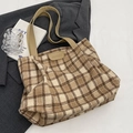 Brown plaid wool tote bag with double handles and fashion label for commute - Checkered Style (JL6006) / Khaki (No Pendant)