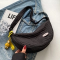 Cute black crescent canvas bag with pleated texture and yellow chick charm pendant - Black (Penguin Pendant And Acrylic Badge)