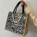 Large zebra print tote bag with pearl chain detail and comfortable woven handles - Zebra Pattern With Pearl Chain
