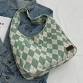 Bolso tote de lona a cuadros verdes y blancos con etiqueta de moda y gran capacidad - Verde