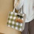 Grande borsa tote a quadretti verde con ciondolo a ciliegia in peluche da donna - Verde Con Ciondolo Ciliegia Cachi