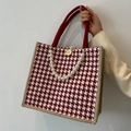 Red houndstooth tote bag with elegant pearl handle and woven straps for women - Red With Pearl Chain