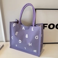 Lilac purple canvas tote bag with white letter print and thick woven handles - Purple