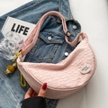 Pink crescent canvas shoulder bag with pleated texture and good luck patch - Pink (Penguin Pendant And Acrylic Badge)