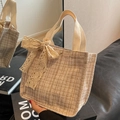 Chic tweed tote bag in beige and light coffee with a delicate lace bow decoration - Khaki Small + Satin Scarf