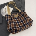 Vintage-Tote-Bag aus Tweed mit Karomuster, braunen Ledergriffen und Fashion-Logo - Karierter Stil (JL6006) / Blau Ohne Anhänger