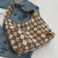 Bolso tote de lona con cuadros marrones para mujer y parche de cuero vintage - café