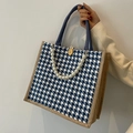 Houndstooth tote bag in blue and white with pearl chain and vintage button detail - Blue With Pearl Chain