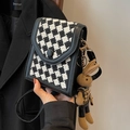 Pied-de-Poule Handytasche mit schwarzem Lederbesatz und süßem Hasen-Anhänger - Schwarz Mit Kaninchen Anhänger / Schwarz