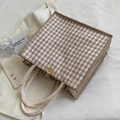 Brown and white houndstooth canvas tote bag with cotton rope handles and wood button - Khaki (No Pendant)