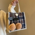 Retro brown plaid lunch tote bag with jute trim, cherry pendant and cotton rope handles - Button Style (With Cherry Charm) / Brown