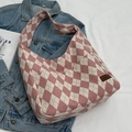Pink and white argyle canvas tote bag for women with fashion leather label detail - Pink