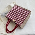 Red houndstooth plaid tote bag with rope handles and decorative wood button - Red (No Pendant)