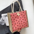 Mini sac à main en velours côtelé avec motif cerise et anses en corde rose - Rose Style Bouton